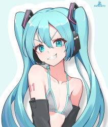  arm_tattoo bikini blue_eyes blue_hair covered_erect_nipples detached_sleeves hatsune_miku headset highres swimsuit tattoo twintails vocaloid zambonito  rating:Sensitive score:11 user:guhguhguh