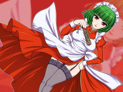  1girl bad_id bad_pixiv_id female_focus folding_fan futaba_channel garter_belt green_hair hand_fan holding holding_fan maid maid_headdress masa_yuki nijiura_maids red_eyes shibai short_hair solo thighhighs yukimasa_(nkk145) 