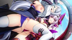  1futa 1girl abystia_dragoon black_gloves blue_bra blue_panties bra bra_pull breasts breasts_out censored claire_austin cleavage clothes_pull clothing_aside dutch_angle futa_with_female futanari game_cg glasses gloves grabbing_another&#039;s_breast grabbing_from_behind green_eyes grey_hair grin groping horns imminent_penetration inoino kouyoku_senki_exs-tia large_breasts large_variant_set leg_lift long_hair long_sleeves mosaic_censoring nipples non-web_source official_art open_mouth panties penis purple_bra purple_panties red_eyes rieszverne_suzette_paladill sash skirt smile tail thighhighs underwear variant_set very_long_hair white_hair white_thighhighs 