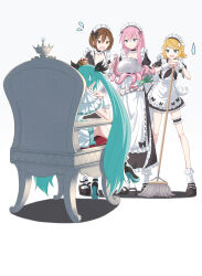  4girls absurdres alternate_costume apron aqua_hair blonde_hair brown_hair chair hatsune_miku highres itogari kagamine_rin long_hair maid maid_apron maid_day maid_headdress megurine_luka meiko_(vocaloid) multiple_girls open_mouth pink_hair simple_background sitting takoluka twintails very_long_hair vocaloid white_background 