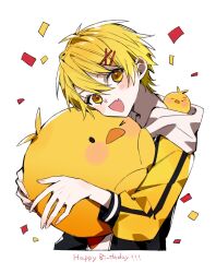  1boy :d animal animal_hug baby_animal bird bishounen black_jacket blonde_hair chick confetti cropped_legs fang hair_between_eyes hair_ornament hairpin happy_birthday head_rest highres holding holding_animal hood hood_basket hood_down jacket looking_at_viewer male_focus open_clothes open_jacket open_mouth original osr_00_osr oversized_animal pale_skin short_hair simple_background skin_fang smile solo upper_body white_background white_hood x_hair_ornament yellow_sleeves 
