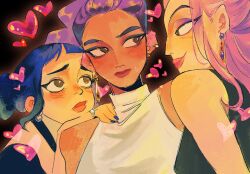  3girls bare_shoulders blue_hair blush braid braided_ponytail brown_eyes closed_mouth double_bun ear_piercing earrings eyeshadow friends from_above group_sex hair_bun hair_up hand_on_another&#039;s_shoulder head_tilt heart high_ponytail highres jewelry kpop_demon_hunters leaning_on_person leaning_to_the_side light_smile long_braid long_hair looking_at_another looking_to_the_side makeup mira_(kpop_demon_hunters) multiple_girls nervous nervous_sweating piercing pink_hair pink_lips ponytail purple_eyeshadow purple_hair red_lips riicolato ring rumi_(kpop_demon_hunters) short_bangs single_braid single_earring sleeveless standing sweat tan threesome upper_body wavy_hair yuri zoey_(kpop_demon_hunters) 