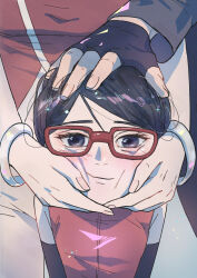 1boy 2girls absurdres bare_shoulders black_eyes black_gloves black_hair blush boruto:_naruto_next_generations bracelet commentary english_commentary father_and_daughter fingerless_gloves glasses gloves hand_on_another&#039;s_cheek hand_on_another&#039;s_face hand_on_another&#039;s_head haruno_sakura headpat highres husband_and_wife jewelry looking_at_viewer mother_and_daughter multiple_girls naruto_(series) nyafurbl red-framed_eyewear red_shirt shirt short_hair smile solo_focus uchiha_sarada uchiha_sasuke upper_body rating:General score:65 user:danbooru