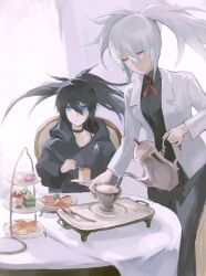  2girls black_choker black_rock_shooter black_rock_shooter_(character) black_rock_shooter_(game) blue_eyes choker closed_eyes cup food highres hood hoodie lemio01 long_hair macaron multiple_girls round_table star_(symbol) stella_(black_rock_shooter) table tea teacup teapot twintails uneven_twintails white_rock_shooter 