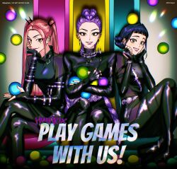  3girls ball black_suit bodysuit braid brown_eyes commentary crossed_arms crossed_legs djqdjrkeh double_bun english_commentary formal_clothes friends hair_bun hair_ornament hair_up hands_on_own_cheeks hands_on_own_face happy head_rest head_tilt highres indoors kpop_demon_hunters leather_suit light_particles long_braid long_hair looking_at_viewer looking_to_the_side mira_(kpop_demon_hunters) multiple_girls parted_bangs parted_lips pink_lips purple_hair rumi_(kpop_demon_hunters) short_bangs single_braid sitting slide smile smirk spot_color spotlight suit twintails wide-eyed zoey_(kpop_demon_hunters) 
