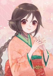  1girl braid brown_eyes brown_hair brushing_hair brushing_own_hair closed_mouth commentary_request highres interlocked_fingers japanese_clothes kimono layered_kimono long_hair looking_at_viewer obi orange_kimono pink_background red_sash sash smile solo sudakoyarou tachibana_yuzuki taishou_otome_otogibanashi upper_body 