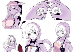  &gt;:) 1boy 2girls :d ^_^ animal_costume animal_ears apron arm_up ball black_one-piece_swimsuit blue_bow blue_bowtie blue_ribbon blush bow bowtie breasts cleavage closed_eyes closed_mouth collarbone commentary_request completely_nude cosplay covering_breasts covering_privates cow_costume cow_ears cowboy_shot double_ok_sign embarrassed fake_animal_ears floating_hair groin hair_ornament hand_up happy holding_table_tennis_paddle hood hood_up index_finger_raised kigurumi large_breasts long_hair looking_at_viewer low_ponytail mizuori_shizuku multiple_girls multiple_views naked_ribbon navel nude official_alternate_costume ok_sign one-piece_swimsuit open_mouth pink_apron polka_dot polka_dot_one-piece_swimsuit polka_dot_swimsuit ponytail ribbon short_hair simple_background smile smug solo_focus split_mouth strap_slip summer_pockets swimsuit table_tennis_ball tagame_(tagamecat) takahara_hairi translation_request tsumugi_wenders twintails upper_body v-shaped_eyebrows very_long_hair wavy_hair white_background x_hair_ornament 