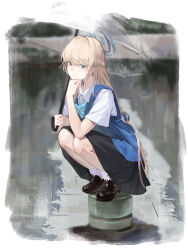  1girl absurdres aqua_bow aqua_bowtie black_shoes black_skirt blonde_hair blue_archive blue_eyes blue_halo blue_sweater_vest border bow bowtie braid chinese_commentary closed_mouth collared_shirt commentary_request elbow_on_knee elbow_rest expressionless full_body half_up_braid halo hand_up highres holding holding_umbrella juwei_yaodai_mao long_hair looking_at_viewer outdoors pillar shirt shoes short_sleeves sidelocks skirt socks solo squatting sweater_vest toki_(blue_archive) toki_(school_uniform)_(blue_archive) transparent transparent_umbrella umbrella very_long_hair white_border white_shirt white_socks 