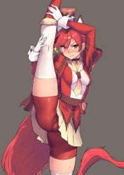 1girl absurdres animal_ear_fluff animal_ears belt bike_shorts blush boots brown_cape brown_hair brown_hat candy cape chocolate chocolate_bar choker commentary_request cure_chocolat dog_ears dog_tail earrings food gloves hat highres huai_diao_de_zongzi jewelry juliet_sleeves kenjou_akira kirakira_precure_a_la_mode knee_boots long_sleeves looking_at_viewer magical_girl multicolored_hair precure puffy_sleeves red_boots red_eyes red_hair red_shorts short_hair short_shorts shorts shorts_under_skirt simple_background skirt smile solo spiked_hair split standing standing_on_one_leg standing_split streaked_hair stretched_limb stretching sweat tail thighhighs thighs top_hat two-tone_hair white_gloves white_skirt white_thighhighs rating:Sensitive score:48 user:danbooru