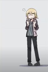  1girl angry black_eyes black_pants blonde_hair blue_skirt grey_background grey_jacket hamsterfragment jacket michi_(hamsterfragment) non-web_source original pants pixel_art shadow short_hair skirt solo teeth 