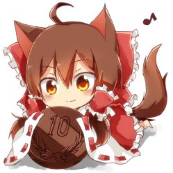 1girl ahoge animal_ears barefoot bow brown_eyes brown_hair cat_ears chocolate_coin closed_mouth coin female_focus hair_bow hair_tubes hakurei_reimu musical_note red_bow solo tail tosura-ayato touhou wide_sleeves rating:Sensitive score:8 user:danbooru