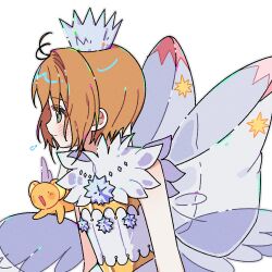  1girl bare_arms blush brown_hair cardcaptor_sakura cardcaptor_sakura_clear_card_arc closed_mouth crown dress green_eyes grey_outline highres kero_(cardcaptor_sakura) kinomoto_sakura kinomoto_sakura_(clear_wings) looking_to_the_side outline short_hair simple_background sleeveless sleeveless_dress smile solo upper_body white_background white_dress white_wings wings yalmyu 