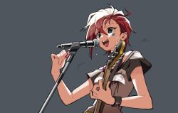  1girl absurdres asymmetrical_bangs asymmetrical_hair blue_eyes electric_guitar facial_mark grey_background guitar hair_between_eyes hair_slicked_back highres holding holding_guitar holding_instrument holding_plectrum idolmaster idolmaster_million_live! idolmaster_million_live!_theater_days instrument julia_(idolmaster) looking_ahead microphone microphone_stand music open_mouth plectrum punk red_hair shirt short_hair short_sleeves simple_background singing solo star_(symbol) star_facial_mark tarako_oniyon teeth upper_body 