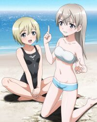  2girls artist_request beach blonde_hair blush breasts day eila_ilmatar_juutilainen erica_hartmann grey_hair kneeling long_hair looking_at_another medium_breasts multiple_girls official_art one-piece_swimsuit open_mouth outdoors short_hair sitting strike_witches swimsuit world_witches_series 