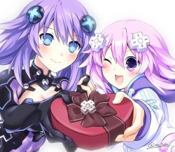  &gt;;d 2girls ;d black_bodysuit blue_eyes blush bodysuit box braid breasts cleavage cleavage_cutout closed_mouth clothing_cutout d-pad d-pad_hair_ornament dual_persona female_focus fingers_together hair_between_eyes hair_ornament happy_valentine heart heart-shaped_box highres holding_hands hoodie_jacket imo_soba interlocked_fingers jacket light_purple_hair long_hair long_sleeves looking_at_viewer medium_breasts multiple_girls neck neptune_(neptunia) neptune_(series) one_eye_closed open_mouth purple_eyes purple_hair purple_heart_(neptunia) short_hair side-by-side smile symbol-shaped_pupils twin_braids twitter_username upper_body very_long_hair white_jacket 
