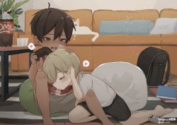 2boys absurdres bag bare_legs barefoot black_hair blonde_hair blush book cat kodomo_doushi closed_eyes commentary_request controller couch cup dark-skinned_male dark_skin disposable_cup erection fellatio futon game_controller hand_in_another&#039;s_hair hand_on_another&#039;s_head heart highres holding indoors male_focus moaning multiple_boys omurice_(roza4957) open_mouth oral original penis penis_out pillow rug short_hair short_sleeves shorts shota soda_bottle table tan tank_top yaoi rating:Explicit score:769 user:danbooru
