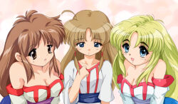  3girls arc_the_lad arc_the_lad_ii bare_shoulders blonde_hair blush breasts brown_eyes brown_hair cleavage closed_mouth dress lieza_(arc_the_lad) long_hair looking_at_viewer low-tied_long_hair medium_breasts multiple_girls multiple_persona open_mouth small_breasts smile very_long_hair zipang_(zip@ng_works) 