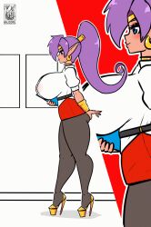  1girl animated animated_gif ass bouncing_breasts breasts choker gold_choker gold_heels haloowl high_heels huge_ass huge_breasts large_breasts office_lady platform_heels pointy_ears purple_hair shantae shantae_(series) skirt solo thick_thighs thighs walking 