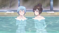  2girls akitsuki_fuuka animated anime_screenshot bath bathhouse bathing blue_eyes blue_hair blush breasts breasts_out brown_hair diomedea fuuka highres hinashi_koyuki long_hair medium_breasts multiple_girls nipples nude red_eyes short_hair tagme towel video wardrobe_malfunction  rating:Questionable score:75 user:Piet1999