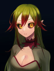 1girl black_background black_sclera breasts bustier choker cleavage cleavage_cutout clothing_cutout colored_sclera cropped_torso espinas green_hair green_sleeves highres looking_at_viewer medium_breasts monster_hunter_(series) monster_hunter_frontier multicolored_hair parted_lips personification pointy_ears red_choker red_hair solo two-tone_hair user_ttug5452 yellow_eyes