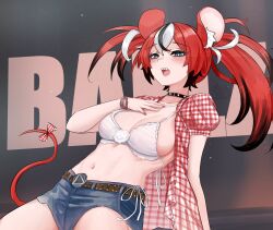  1girl absurdres animal_ears bikini black_hair blue_eyes blue_shorts blush breasts character_name denim denim_shorts grey_background hakos_baelz highres hololive hololive_english long_hair medium_breasts mouse_ears mouse_girl multicolored_hair open_clothes open_shirt red_hair red_shirt red_tail shirt shorts simple_background solo soup_(soupysoull) swimsuit twintails virtual_youtuber white_bikini white_hair 