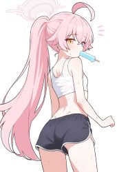 1girl absurdres ahoge bare_shoulders black_shorts blue_archive blue_eyes blush crop_top dolphin_shorts flat_chest food food_in_mouth from_behind hair_between_eyes halo heterochromia highres hoshino_(blue_archive) loli long_hair looking_at_viewer looking_back melting midriff pink_hair pink_halo ponytail popsicle popsicle_in_mouth saho_4545 short_shorts shorts simple_background solo sweat tank_top very_long_hair white_background white_tank_top yellow_eyes rating:Sensitive score:53 user:danbooru