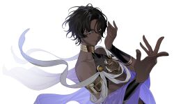  1boy arjuna_(fgo_fes._2025)_(fate) black_eyes black_hair dark-skinned_male dark_skin earrings fate/grand_order fate_(series) gold_armlet halter_shirt halterneck highres hoop_earrings inseong_indaeyo jewelry looking_at_viewer male_focus necklace parted_bangs purple_sash sash shawl simple_background sleeveless smile solo upper_body wavy_hair white_background 