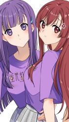 22/7 2girls center-flap_bangs cowboy_shot crossed_bangs fanged_bangs flower grey_skirt hair_flower hair_ornament hand_on_another&#039;s_waist highres ichinose_hotaru long_hair looking_at_viewer mole mole_under_eye multiple_girls nanairo_(nanairo227) parted_lips plaid_clothes plaid_skirt pleated_skirt print_shirt purple_eyes purple_hair purple_shirt red_eyes red_hair sato_reika shirt short_sleeves sidelocks skirt standing white_background 