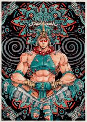 1boy abs absurdres araki_hirohiko_(style) armor aztec_(style) battle_tendency commentary crop_top earrings face_piercing facial_mark gloves green_eyes green_gloves green_headscarf green_sandals green_tank_top headscarf highres hoop horns jewelry jojo_no_kimyou_na_bouken loincloth makeup male_focus manly midriff muscular muscular_male necklace painting_(medium) piercing red_nails sandals sitting solo spikes tank_top traditional_media turban wamuu watercolor_(medium) xfkart yellow_lips 