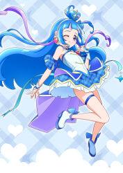 1girl aokaze_nana blue_background blue_boots blue_bow blue_choker blue_dress blue_hair blue_wrist_cuffs boots bow choker closed_mouth cure_wink detached_sleeves dress earpiece flat_chest floating floating_hair footwear_bow full_body hair_bow hair_bun hand_up heart highres kimi_to_idol_precure long_hair looking_at_viewer magical_girl multicolored_hair one_eye_closed plaid_background plaid_bow plaid_clothes plaid_skirt plaid_sleeves precure purple_eyes purple_hair purple_streaks ribbon_choker short_sleeves single_hair_bun skirt smile solo straight_hair streaked_hair tassel thigh_strap tiler_(tiler00) two-tone_hair wrist_cuffs rating:General score:3 user:danbooru