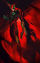  1boy absurdres antennae armor belt bodysuit bug compound_eyes from_side glowing glowing_eyes green_armor helmet highres horns kamen_rider kamen_rider_zeztz kamen_rider_zeztz_(series) kamonegi_(meisou1998) looking_at_viewer male_focus neon_trim red_eyes rider_belt solo standing tokusatsu 