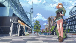 1girl black_panties blue_eyes blue_sky breasts brown_corset brown_hair brown_shoes building closed_mouth cloud commentary_request commission corset day full_body green_jacket green_skirt gundula_rall hand_on_own_hip highres holding holding_suitcase jacket large_breasts long_sleeves okuribi outdoors panties pantyshot shoes short_hair skeb_commission skirt sky smile sneakers solo_focus standing strike_witches suitcase tokyo_skytree tree underwear world_witches_series 