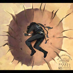  1boy black_gloves black_hair black_jacket black_pants commentary_request gloves haruna_(hrnrnh) jacket letterboxed lying male_focus male_rover_(wuthering_waves) meme on_side pangu_terminal_(wuthering_waves) pants rover_(wuthering_waves) solo wuthering_waves yamcha_pose_(meme) 