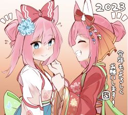 2023 2girls ^_^ absurdres agnes_digital_(umamusume) animal_ears blue_eyes blush bow brown_background closed_eyes closed_mouth commentary_request ear_bow from_side gradient_background grin hair_bow hair_bun hands_up haru_urara_(first_urara_saku_sakura)_(umamusume) haru_urara_(umamusume) highres horse_ears japanese_clothes kimono long_sleeves multiple_girls nengajou new_year notice_lines obi profile red_bow red_kimono sash shi_(kamokamo910) smile translation_request umamusume upper_body white_kimono wide_sleeves 