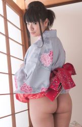  1girl asian ass black_hair bottomless clothes_lift dress dress_lift haruna_hana highres japanese_(nationality) japanese_clothes jav kimono looking_at_viewer panties photo_(medium) solo underwear 