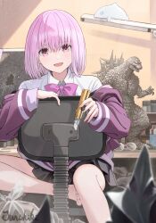  1girl bag barefoot black_skirt bob_cut bow bowtie boxcutter chair collared_shirt commentary_request cracked_screen cutting_mat desk desk_lamp figure godzilla godzilla_(series) godzilla_minus_one gridman_universe highres holding holding_boxcutter indoors jacket junshiki kaiju lamp model monitor off-shoulder_jacket off_shoulder office_chair open_mouth pink_bow pink_bowtie pink_eyes pink_hair pink_jacket plastic_bag pleated_skirt round_eyewear shinjou_akane shirt signature sitting sitting_backwards skirt spines ssss.gridman swivel_chair toho white_shirt 