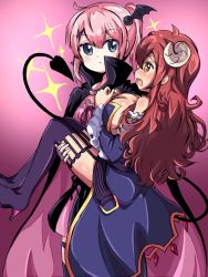  +_+ 2girls ahoge belt blue_eyes blush breasts cape carrying chiyoda_momo cleavage commentary_request crisis_management_form_(machikado_mazoku) demon_girl demon_horns demon_tail dress eye_contact hand_on_another&#039;s_thigh high_heels highres horns huge_breasts long_hair looking_at_another machikado_mazoku multiple_girls open_mouth pink_background pink_hair ponytail princess_carry red_hair ryu simple_background smile spoilers star_(symbol) tail thighhighs yellow_eyes yoshida_yuuko_(machikado_mazoku) yuri 