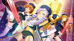  3girls arm_up ascot black_leotard black_shoes black_thighhighs blonde_hair blue_hat blue_jacket blunt_bangs brown_hair closed_mouth cornelia_(umineko) dlanor_a._knox drill_hair dutch_angle eiserne_jungfrau frills game_cg garter_straps gertrude_(umineko) hair_ribbon hat high_kick highres higurashi_no_naku_koro_ni_mei holding holding_sword holding_weapon indoors jacket kicking leg_up lens_flare leotard long_hair long_sleeves looking_at_viewer mini_hat mini_top_hat multiple_girls non-web_source official_art puffy_sleeves purple_hair red_eyes ribbon shoes short_hair showgirl_skirt sidelocks smile smug sparkle standing sword thighhighs top_hat umineko_no_naku_koro_ni weapon white_thighhighs yellow_eyes 