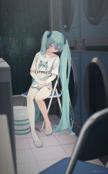  1girl absurdly_long_hair absurdres aqua_hair aqua_nails blush cellphone character_print closed_eyes commentary dated_commentary dolphin_shorts fingernails flip-flops hair_ornament hair_scrunchie hatsune_miku highres kabanoki laundromat long_hair nail_polish phone pixiv_logo sandals scrunchie shirt shiteyan&#039;yo shorts sitting sleeping smartphone solo t-shirt toenail_polish toenails toes twintails twitter_logo twitter_username very_long_hair vocaloid washing_machine 