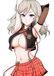  1girl alisa_ilinichina_amiella arm_behind_head arm_warmers armpits arms_up bare_shoulders black_gloves black_vest blue_eyes breasts collared_vest commentary cowboy_shot crop_top cropped_vest elbow_gloves fingerless_gloves gloves god_eater god_eater_burst grey_hair hair_between_eyes highres katineko8 large_breasts long_hair looking_at_viewer navel neck_ribbon no_headwear parted_lips plaid_clothes plaid_skirt red_ribbon red_skirt ribbon sidelocks simple_background single_arm_warmer single_elbow_glove skirt solo standing stomach suspender_skirt suspenders suspenders_slip underboob vest white_background 