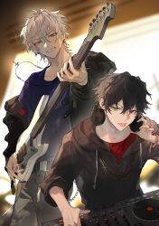  2boys absurdres aohitsugi_samatoki bass_guitar belt black_hair black_hoodie black_jacket blue_shirt blurry blurry_background bracelet chain chain_necklace cross cross_necklace depth_of_field ear_piercing earrings electric_guitar fingernails green_eyes grey_pants grin guitar hair_between_eyes headphones headphones_around_neck heterochromia highres holding holding_guitar holding_headphones holding_instrument hood hood_down hoodie hypnosis_mic indoors instrument jacket jewelry keyboard_(instrument) long_sleeves looking_at_viewer male_focus microphone mole mole_under_eye multiple_boys music nail_polish necklace open_clothes open_jacket pants piercing playing_guitar playing_instrument plectrum red_eyes red_shirt shirt short_hair shuiyiyaogong smile standing sweat teeth tongue tongue_out white_hair yamada_ichiro 