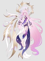  1girl black_shorts boots breasts commentary cyrene_(honkai:_star_rail) design_speculation full_body grey_background hair_ornament halo highres honkai:_star_rail honkai_(series) long_hair milkyuu pink_hair pointy_ears purple_eyes revealing_clothes short_shorts shorts simple_background single_bare_foot single_boot small_breasts solo very_long_hair white_boots 