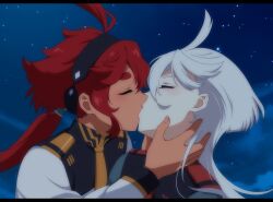  2girls ahoge asticassia_school_uniform black_hairband blush closed_eyes commentary dark-skinned_female dark_skin green_jacket gundam gundam_suisei_no_majo hairband hand_on_another&#039;s_neck jacket kimaguro_box kiss letterboxed long_hair miorine_rembran multiple_girls night night_sky outdoors red_hair school_uniform sky star_(sky) suletta_mercury thick_eyebrows white_hair white_jacket yuri 