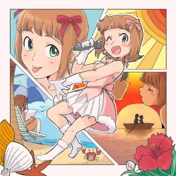  1boy 1girl :p amami_haruka beach beach_umbrella boat boots bow brown_hair closed_eyes closed_mouth crab cute_&amp;_girly_(idolmaster) dress flower full_body gloves green_eyes hair_bow hetero hibiscus holding holding_microphone idolmaster idolmaster_(classic) idolmaster_1 imminent_kiss looking_at_viewer microphone multiple_views one_eye_closed open_mouth outdoors pink_bow pink_dress red_bow red_flower shell short_hair sitting smile snow_strawberry_(idolmaster) starfish sunset tongue tongue_out tsubobot umbrella watercraft white_boots white_gloves 