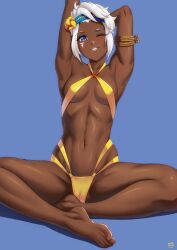  1girl armpits arms_up breasts cameltoe cleavage dark-skinned_female dark_skin elena_(street_fighter) finalcake halterneck headband highres indian_style light-skinned_soles looking_at_viewer medium_breasts official_alternate_costume official_alternate_hairstyle panties sitting smile solo street_fighter street_fighter_6 stretching toned toned_female underwear very_dark_skin white_hair yellow_panties 
