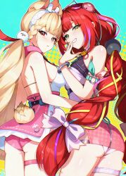  2girls alice_thymefield alice_thymefield_(sea_of_thyme) animal_ears ass blonde_hair blush bow braid breasts commentary_request cowboy_shot dress_swimsuit eyewear_on_head from_behind gradient_hair green_eyes grin hair_bow hairband hand_on_another&#039;s_hip hand_to_own_mouth heterochromia highres long_hair looking_at_viewer looking_back low_twin_braids low_twintails multicolored_hair multiple_girls one-piece_swimsuit parted_lips pink_hair pink_one-piece_swimsuit rabbit_ears rabbit_girl rabbit_tail red_eyes red_hair sideboob smile sphere_hair_ornament swimsuit tail thigh_strap twin_braids twintails two-tone_one-piece_swimsuit ukinami_yuzuha ukinami_yuzuha_(tanuki_in_broad_daylight) uni_(maru231) very_long_hair white_bow white_hairband white_one-piece_swimsuit yellow_eyes zenless_zone_zero 