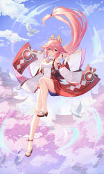  1girl absurdres animal_earrings animal_ears bird bird_ears bird_wings blue_sky blush breasts cherry_blossoms closed_mouth cloud detached_sleeves fox_ears genshin_impact hair_between_eyes hair_ornament highres japanese_clothes long_hair long_sleeves low-tied_long_hair medium_breasts nontraditional_miko parted_lips pink_hair purple_eyes sandals sky smile solo thighs toes very_long_hair vision_(genshin_impact) wa_(user_snch2757) wide_sleeves wings yae_miko 