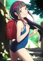 1girl ass backpack bag black_hair blue_one-piece_swimsuit blush brown_eyes dappled_sunlight day flat_chest hairband hiyori_mizuki long_hair looking_at_viewer one-piece_swimsuit original outdoors randoseru red_bag red_hairband school_swimsuit smile solo sunlight swimsuit  rating:Sensitive score:32 user:danbooru
