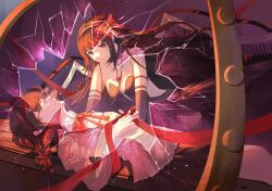  2girls akemi_homura akuma_homura armlet bare_shoulders black_dress black_gloves black_hair black_skirt black_wings bow bowtie center_frills chest_tattoo closed_eyes closed_mouth collarbone collared_shirt crack dress dual_persona elbow_gloves eyelashes feather-trimmed_dress feathered_wings feet_out_of_frame frilled_shirt_collar frilled_sleeves frills gem glasses gloves hair_bow hairband high_collar highres holding holding_ribbon jewelry juliet_sleeves light_particles lips long_dress long_hair long_sleeves looking_at_another lying mahou_shoujo_madoka_magica mahou_shoujo_madoka_magica:_hangyaku_no_monogatari miniskirt mitakihara_school_uniform multiple_girls on_back pleated_skirt puffy_sleeves purple_eyes purple_gemstone qin&#039;ai_de_xiong_xiansheng red-framed_eyewear red_bow red_bowtie red_hairband red_ribbon ribbon school_uniform shirt side_slit skirt soul_gem strapless strapless_dress tattoo unconscious very_long_hair white_sleeve_cuffs wings yellow_shirt 