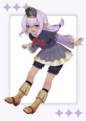  1girl :d absurdres black_shorts blush boots brown_boots dark-skinned_female dark_skin elf elvaan final_fantasy final_fantasy_xi full_body highres kyuzuki89 long_hair looking_at_viewer low-tied_long_hair lower_teeth_only open_mouth pointy_ears prishe purple_eyes purple_hair shorts smile solo teeth wide_sleeves 